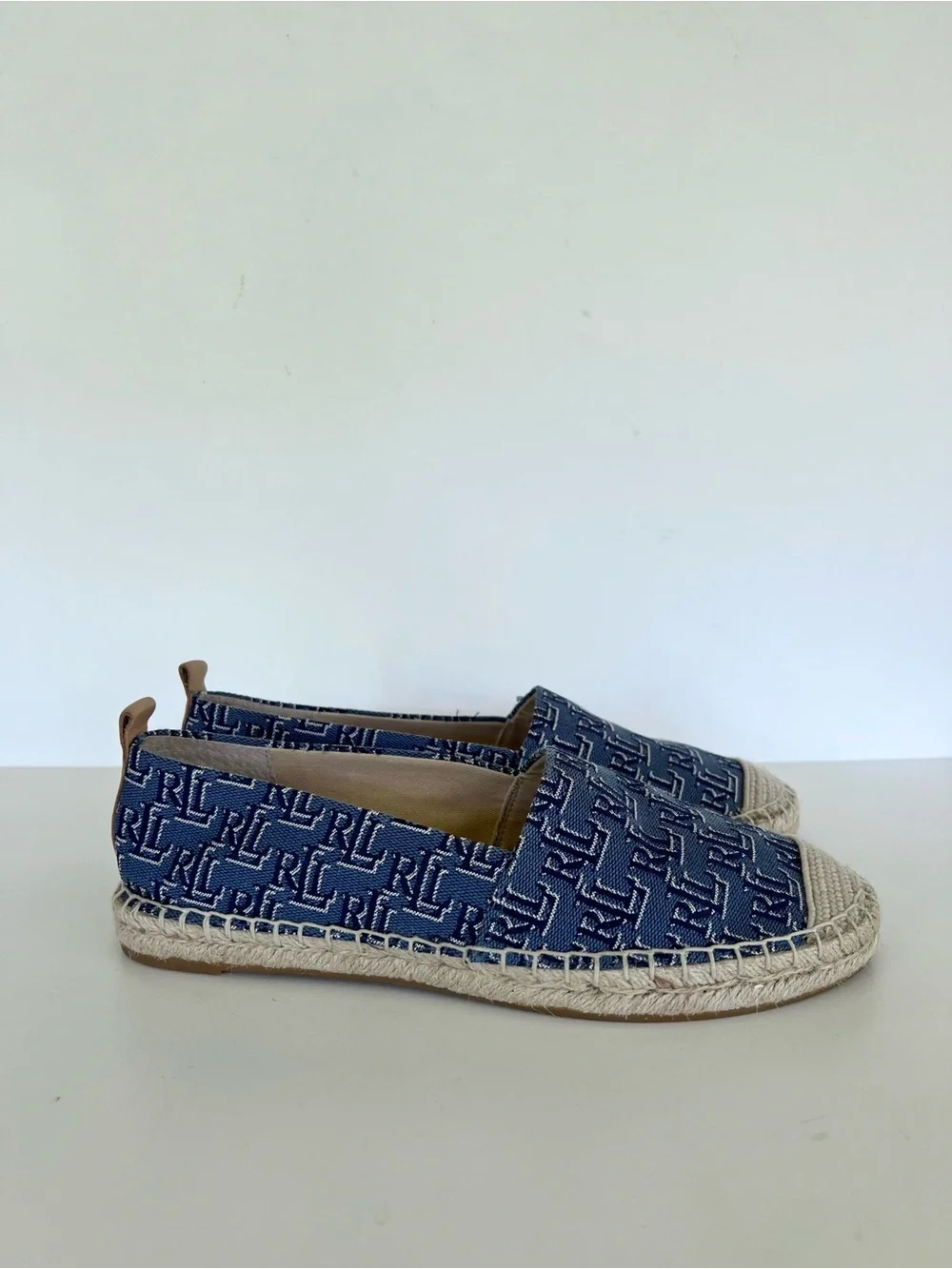 Ralph Lauren LRL Cameryn II Monogram Jacquard Espadrille, Blue/Tan, size 8
